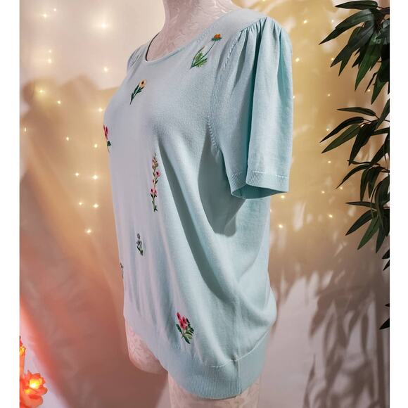 Talbots Embroidered Floral Cottage Short Sleeve Sweater Top Womens Size L Petite - Picture 2 of 10